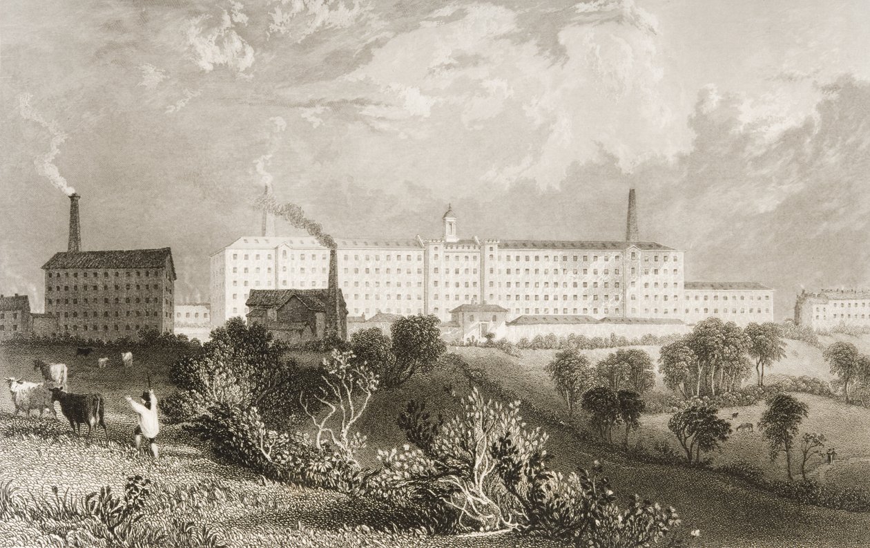 James Wingle（fl.1830-60）c.1833によって彫刻された、ランカシャーのプレストン近くのSwainson Birley und Co.の工場 作： トーマス・アロム