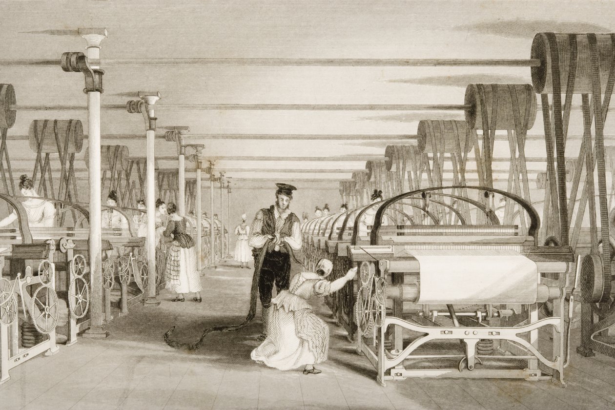 James Tingle（fl.1830-60）c.1830によって彫刻された、力織機、綿工場の床での製織 作： トーマス・アロム
