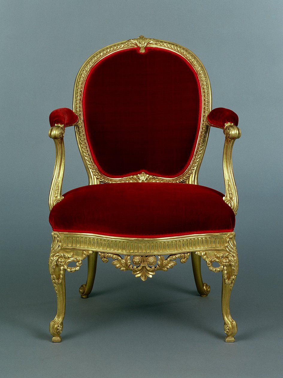 ジョージIIIアームチェア、1770年頃（布張りの金箔木） 作： トーマス・チッペンデール