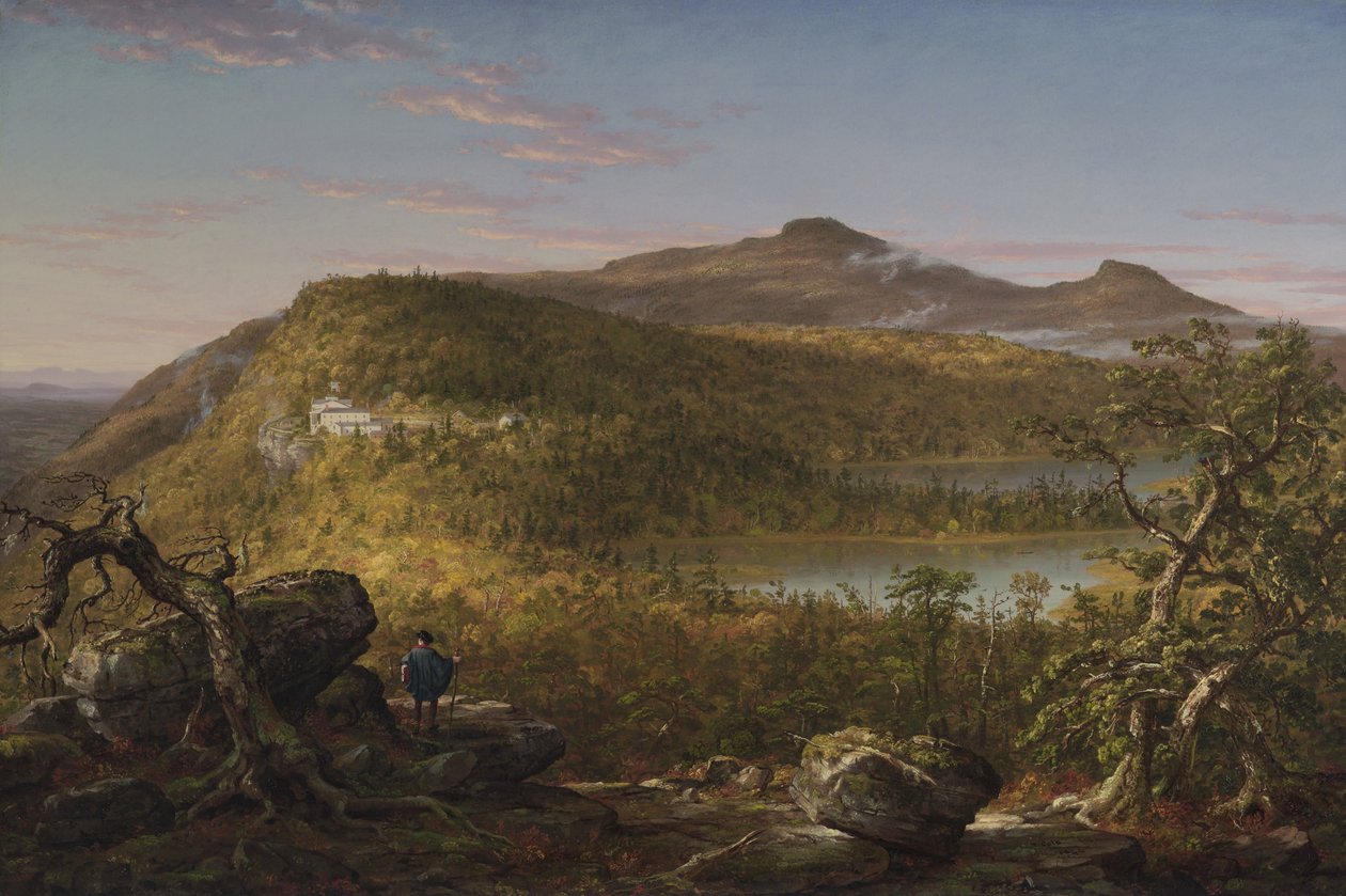 2つの湖と山の家の眺め、キャッツキル山、朝（1844） 作： トーマス・コール