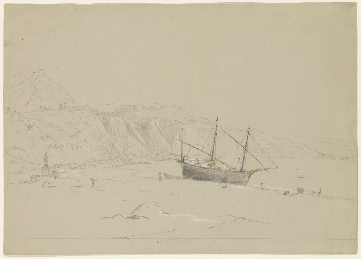 1842年、シチリア島タオルミーナの近くのビーチでボート（紙に白いチョークで鉛筆を高くした） 作： トーマス・コール
