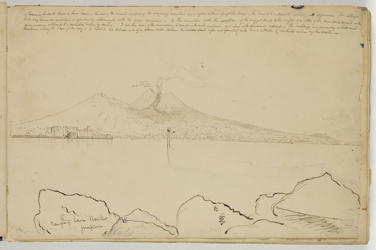 ナポリ湾のパノラマ、1832年頃（オフホワイトの織り紙にグラファイト鉛筆の上にペンと茶色のインク） 作： トーマス・コール