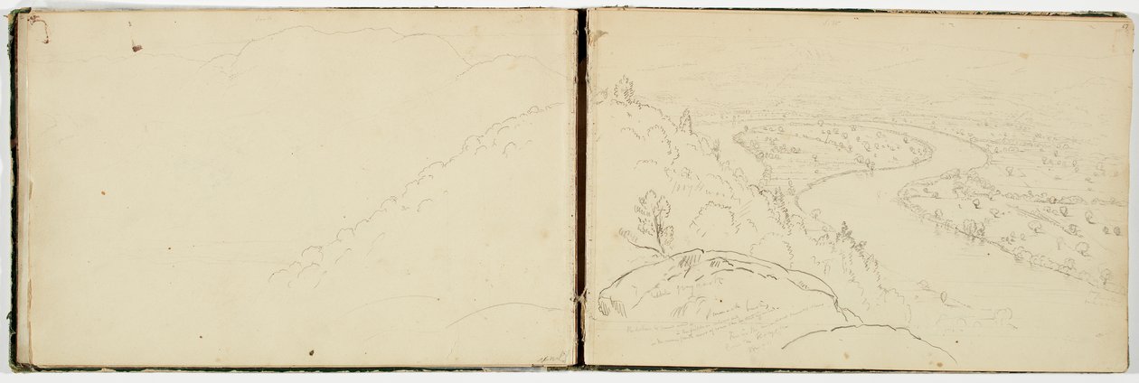 ホルヨーク山から見たコネチカット川のオックスボーのパノラマ、1833年頃（織り紙に黒鉛鉛筆） 作： トーマス・コール