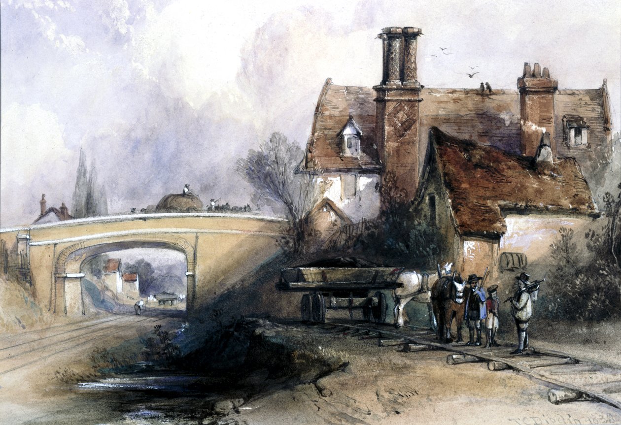 1838年、エセックスのイルフォード近くにあるイースタンカウンティー鉄道の建設（紙にトイレ） 作： トーマス・コルマン・ディビン