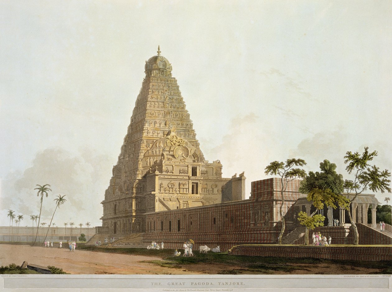 「東洋の風景」からの大塔、タンジョール、プレートXXIV、1798年公開（アクアチント色） 作： トマス・ダニエル
