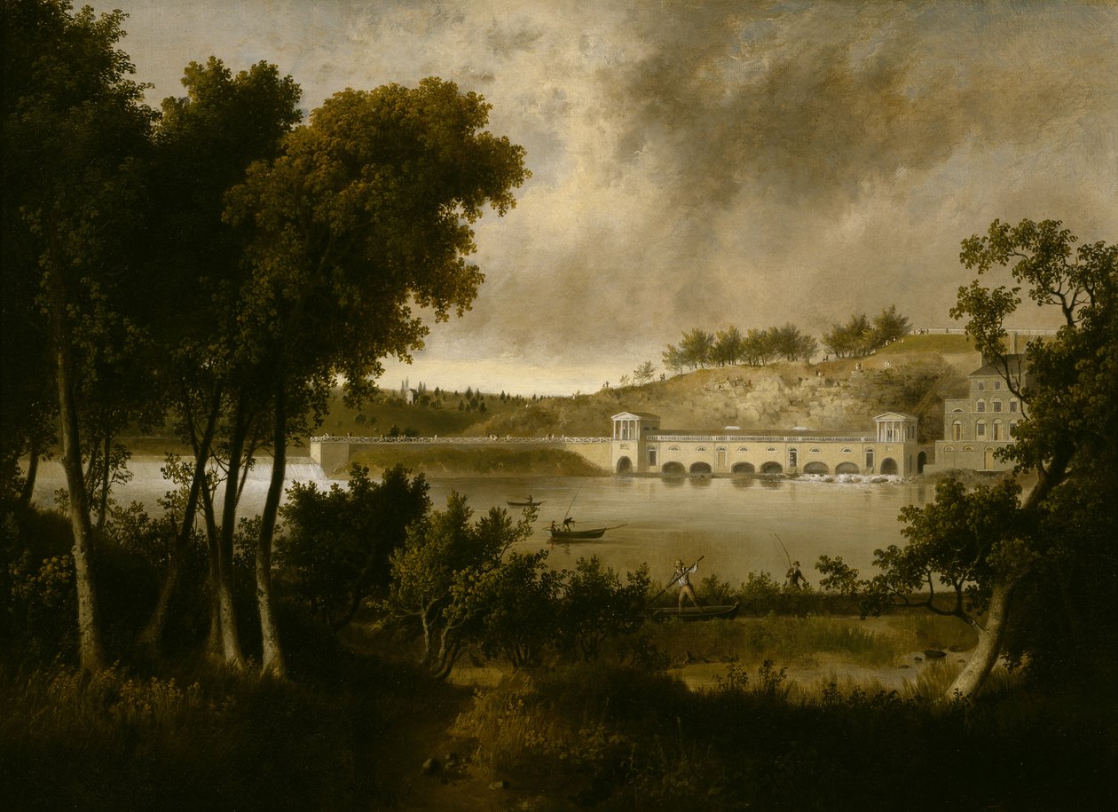 スクールキル川の反対側から見たフィラデルフィアのフェアマウント上水道の眺めc。 1824-1826 作： トーマス・ダウティ