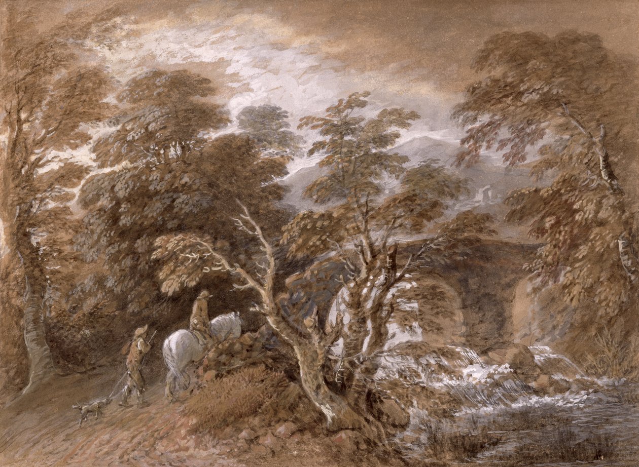 岩と植物のあるウッドランドプール、c.1765-70（紙に油絵の具で黒鉛の上にトイレと黒のチョーク） 作： トーマス・ゲインズバラ