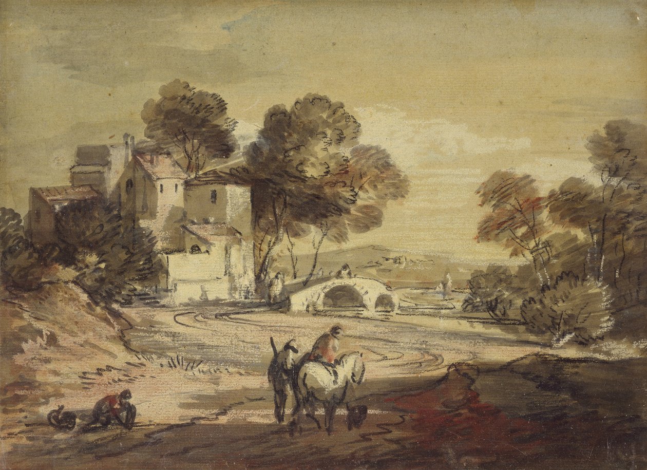 曲がりくねった道で旅をするイタリアンの風景、1775年-1779年（水彩画とボディカラーの黒チョーク、ニス塗り） 作： トーマス・ゲインズバラ