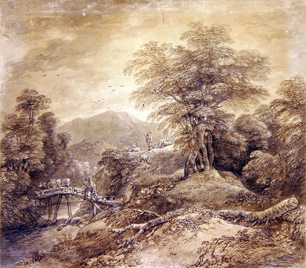 Wooded Mountain Landscape Herdsman＆Cows Crossing、1759（pen、ink＆wc on paper）（352793も参照） 作： トーマス・ゲインズバラ
