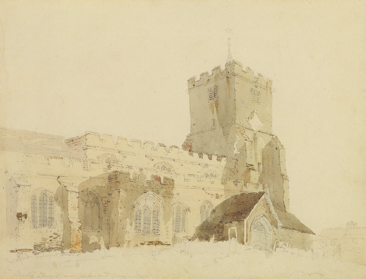 Writtle Church、エセックス、1795年（紙のグラファイトの上にトイレ） 作： トーマス・ガーティン