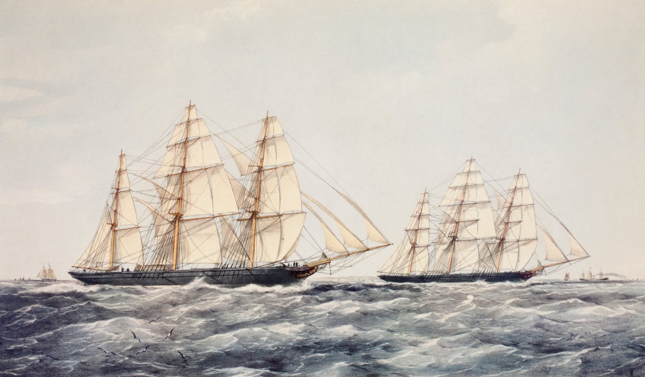 中国からロンドンまでの1866年のグレートティーレースのティークリッパーテッピング（左）とアリエル（右） 作： トーマス・ゴールズワース・ダットン