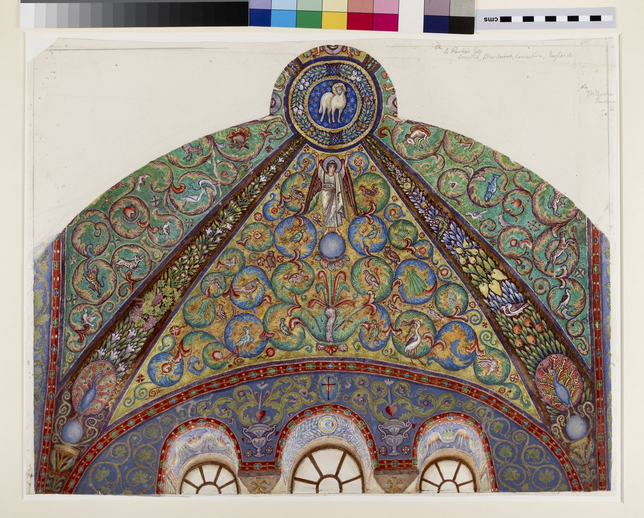 ラヴェンナのサンヴィターレシャンセルのヴォールトにあるモザイクの描画、1884年（ウォーヴ紙に黒鉛の上に水彩、ボディカラー、ゴールドペイント） 作： トーマス・マシューズ・ルーク