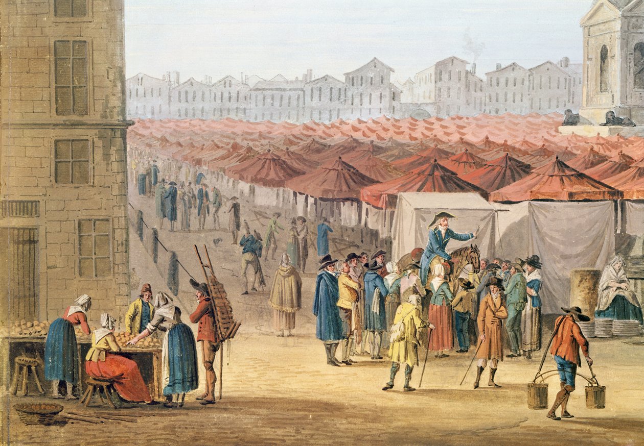 罪のないマルシェ、左側の細部、1794-1810年頃（紙とガッシュ） 作： トーマス・ノーデ