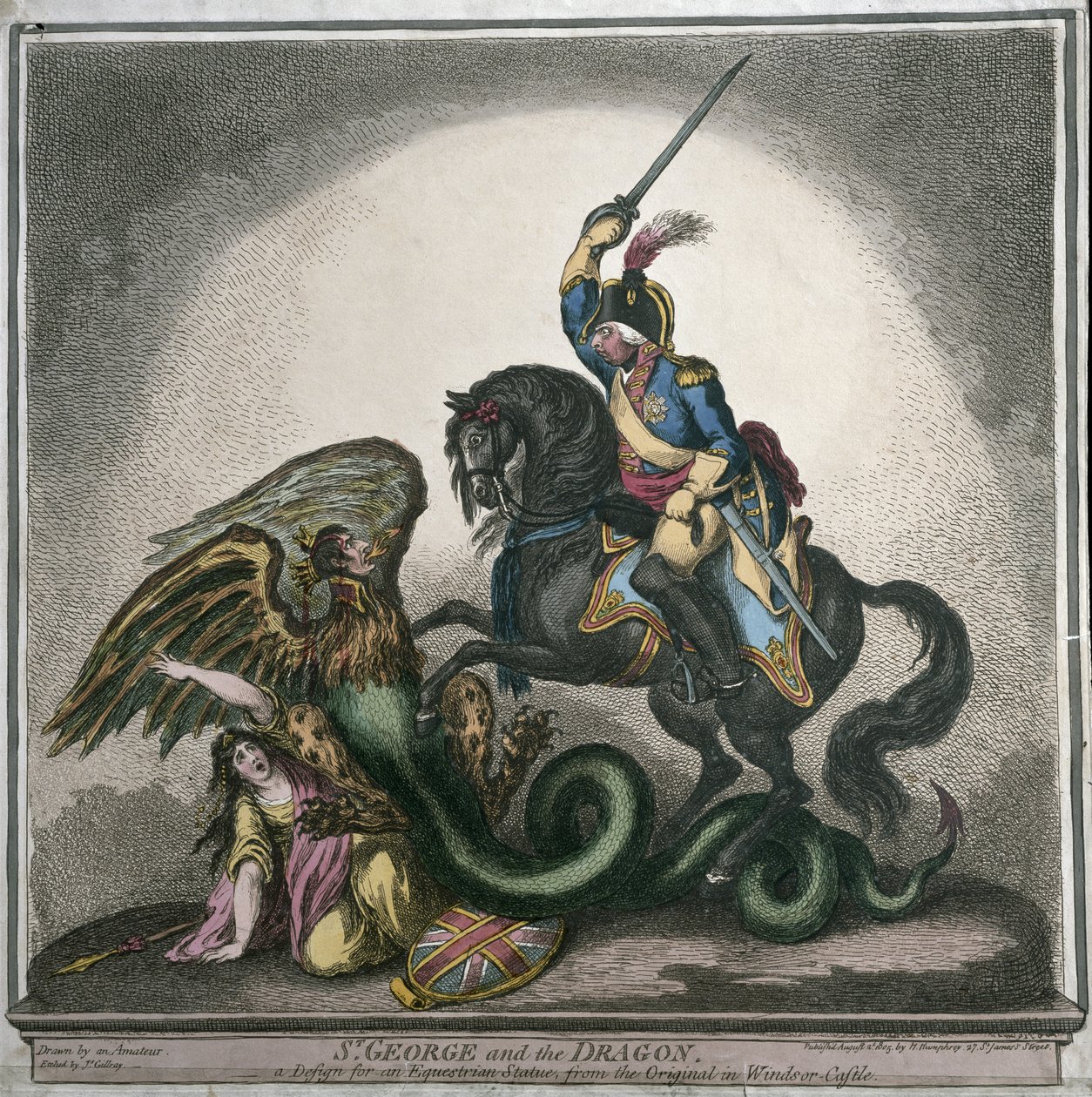 聖ジョージとドラゴン、ウィンザー城のオリジナルからの馬術像のデザインで、ジェームズ・ギレイ（1756-1815）によって刻まれ、1805年にハンナ・ハンフリーから出版されました（手描きのエッチング） 作： トーマス・リッチモンド・ゲイル・ブラディル