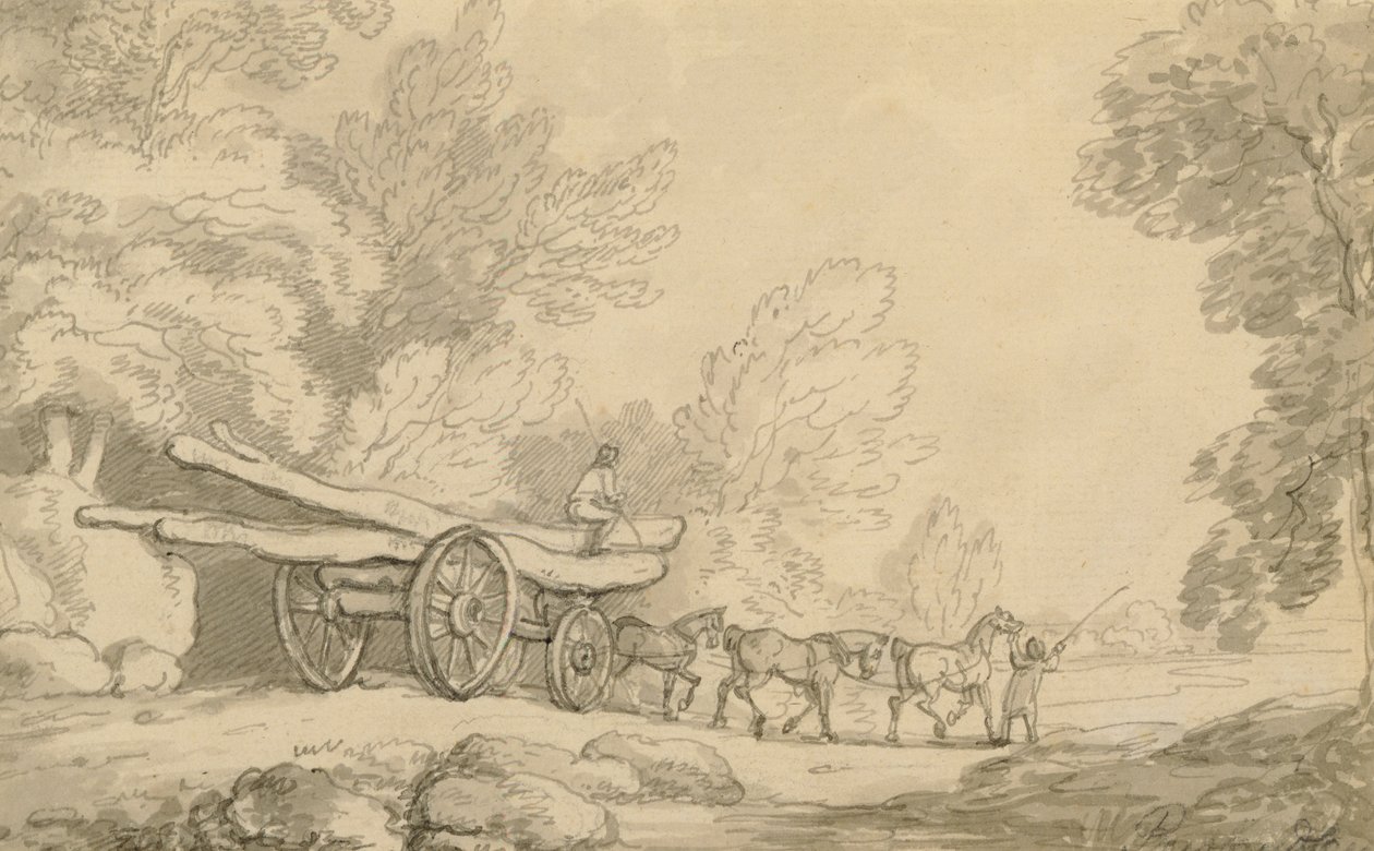 ティンバーワゴン、c.1790（紙の上にグラファイトの上にペンでインクを塗ったもの） 作： トーマス・ローランドソン