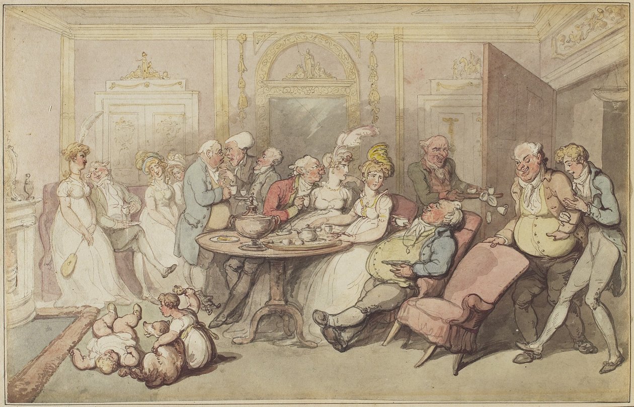 夕食後、c.1805（ペン＆ブラウン、朱色＆グレーインク、および手描きボーダー付きのオリジナルマウント上の織り紙のグラファイト上でのWC） 作： トーマス・ローランドソン