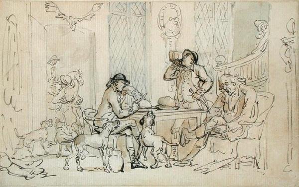 狩りの前の朝食、1785-90年（紙に茶色と青のウォッシュが施されたペンとインク） 作： トーマス・ローランドソン