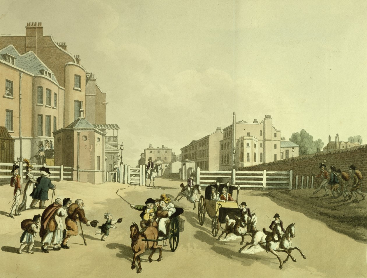 1798年のパークレーンを望むタイバーンターンパイクのオックスフォードストリートの入り口 作： トーマス・ローランドソン