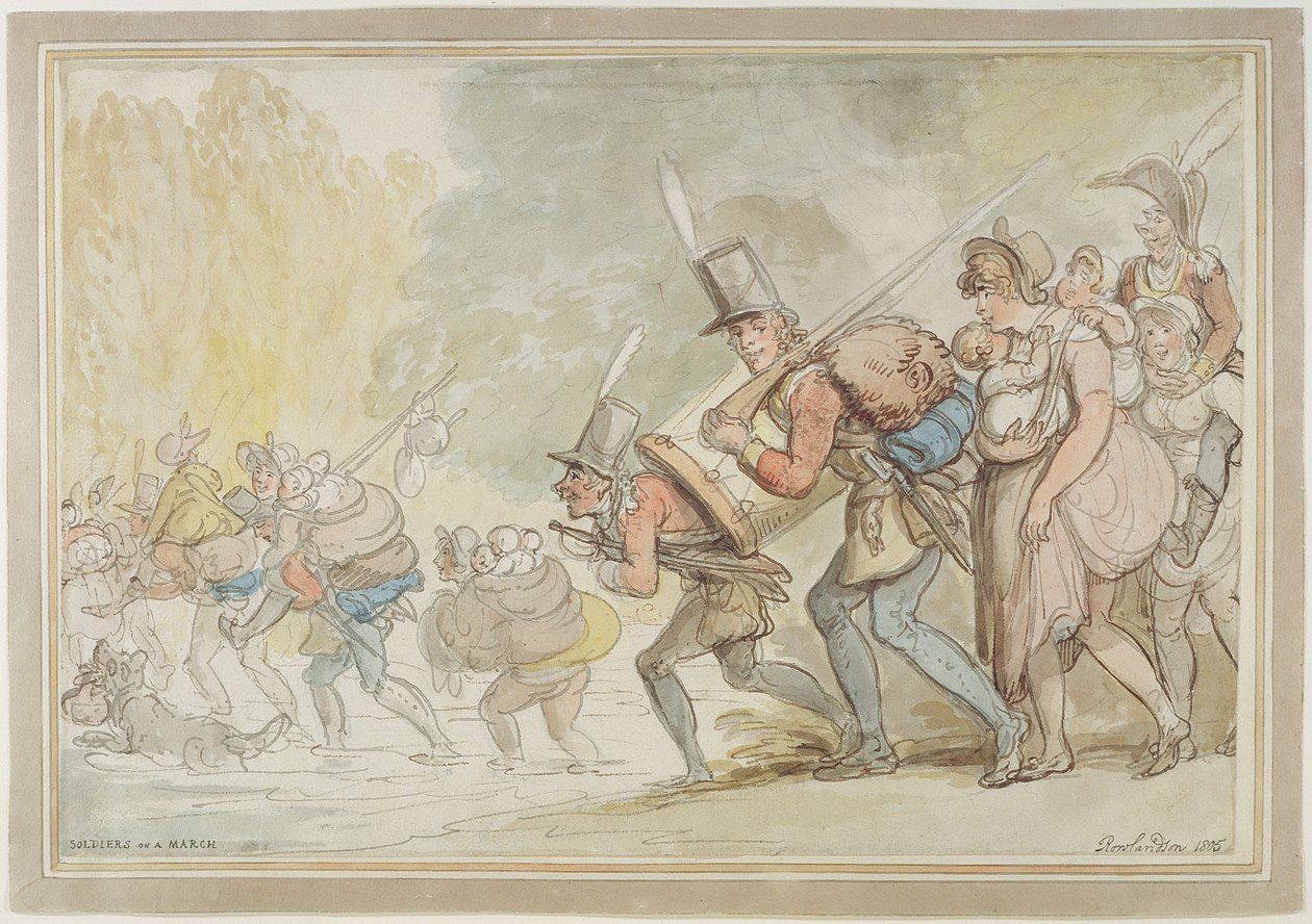 1805年3月の兵士（紙にペンとインクと水彩） 作： トーマス・ローランドソン