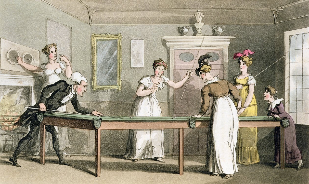 ウィリアム・クームの「絵の具を求めてのシンタックスの旅」のビリヤードテーブル、1812年発行（アクアチント） 作： トーマス・ローランドソン