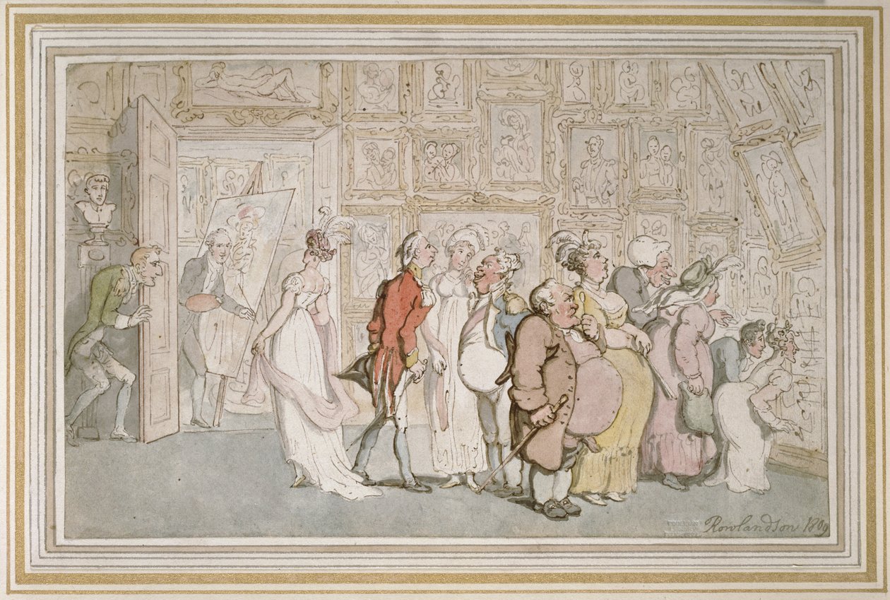 肖像画家の控え室、1809（ペンと茶色のインク、グラファイトの表示に水彩） 作： トーマス・ローランドソン