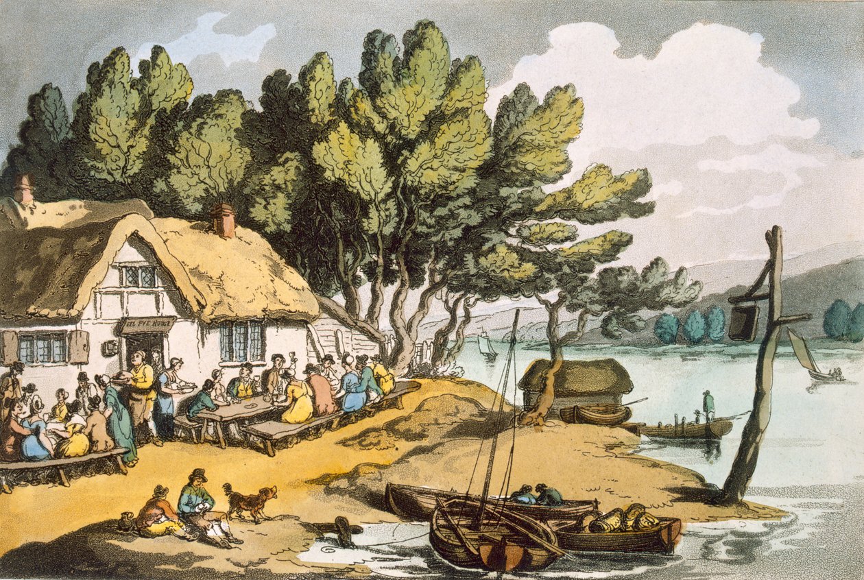 1822年に公開された「スケッチからの自然」からのワイト島、ニューポートの近くの眺め（カラーエッチング） 作： トーマス・ローランドソン