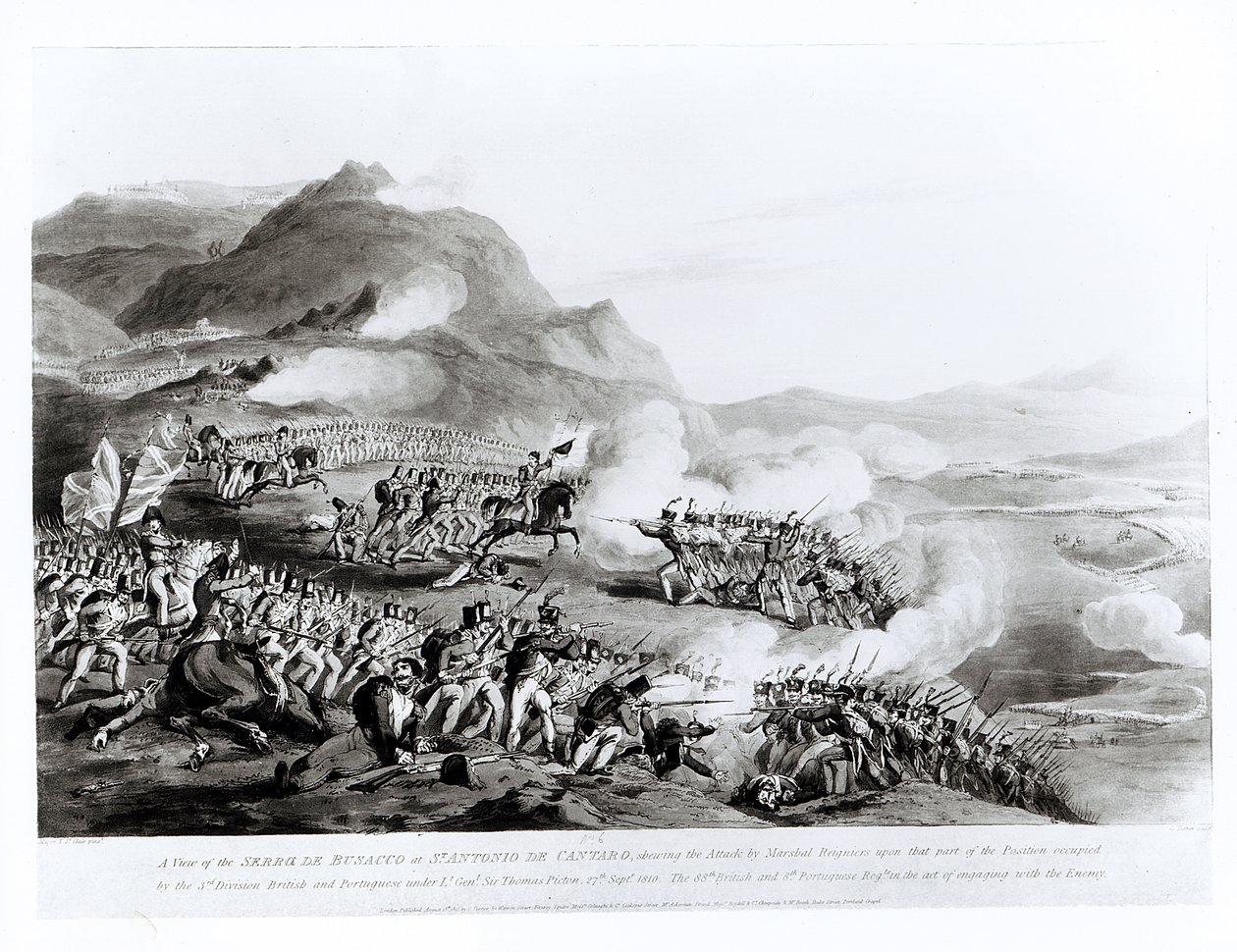 1810年9月27日、トーマスピクトン中将の下でイギリスとポルトガル軍への元帥元帥による攻撃を示すサンアントニオデカンタラのセラデブサッコの図 作： トーマス・スタントン・セントクレア