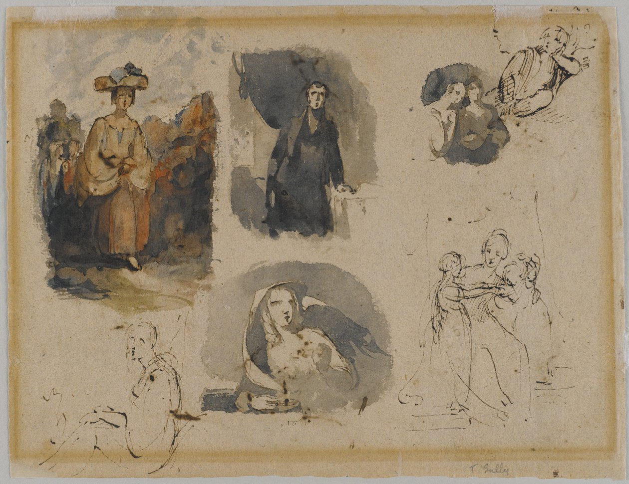 [Untitled]（Seven Figure Studies）、c.1830s（アイアンゴールインク＆ベージュ、トイレットペーパー、中厚、適度にテクスチャードされたアンティークレイド紙）（verso） 作： トマス・サリー