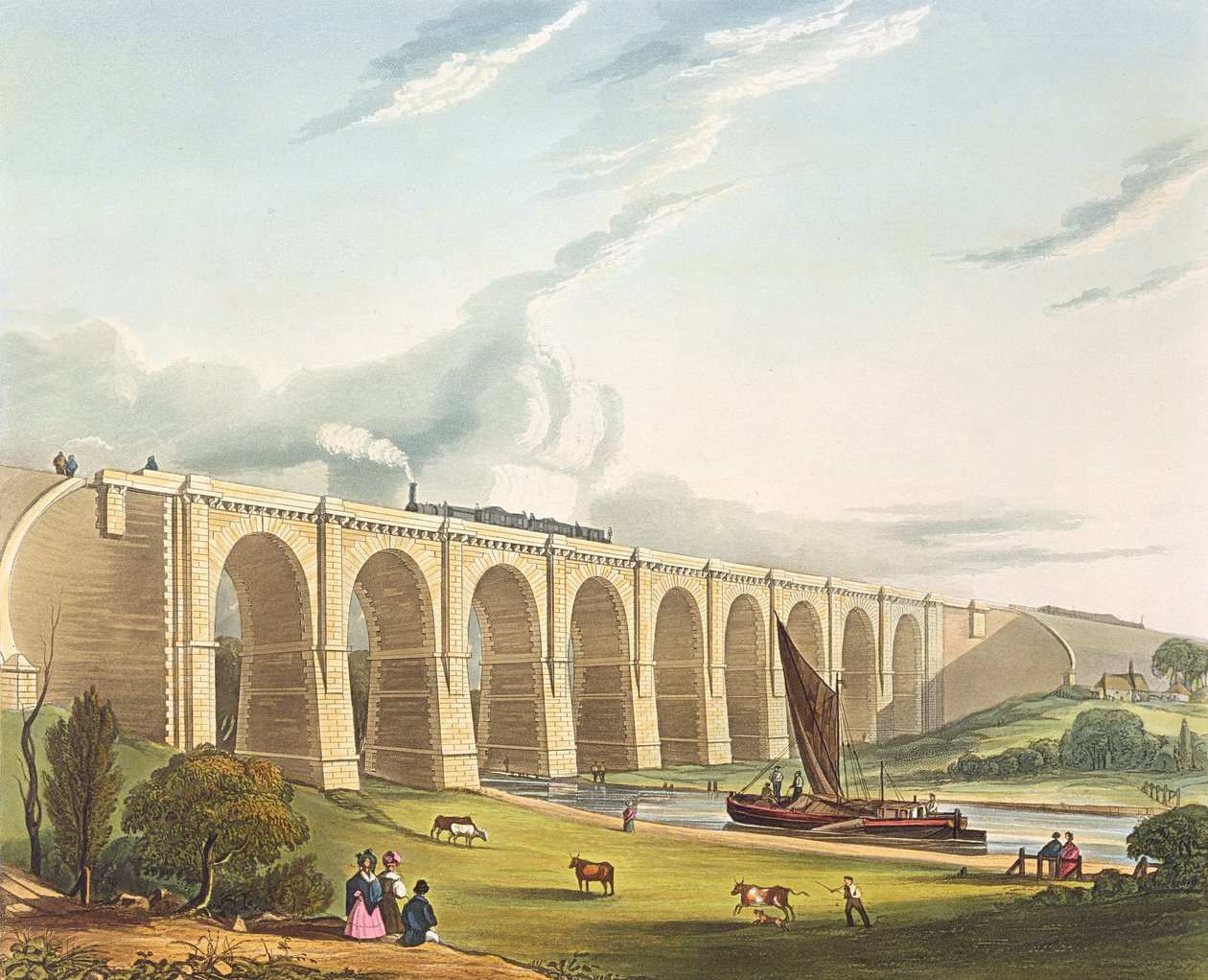 サンキーバレーを渡る高架橋、「リバプールとマンチェスター鉄道」からのプレート4、Henry Pyall（1795-1833）によって刻まれた、パブ。 R.アッカーマン、1831年 作： トーマス・タルボット・ベリー