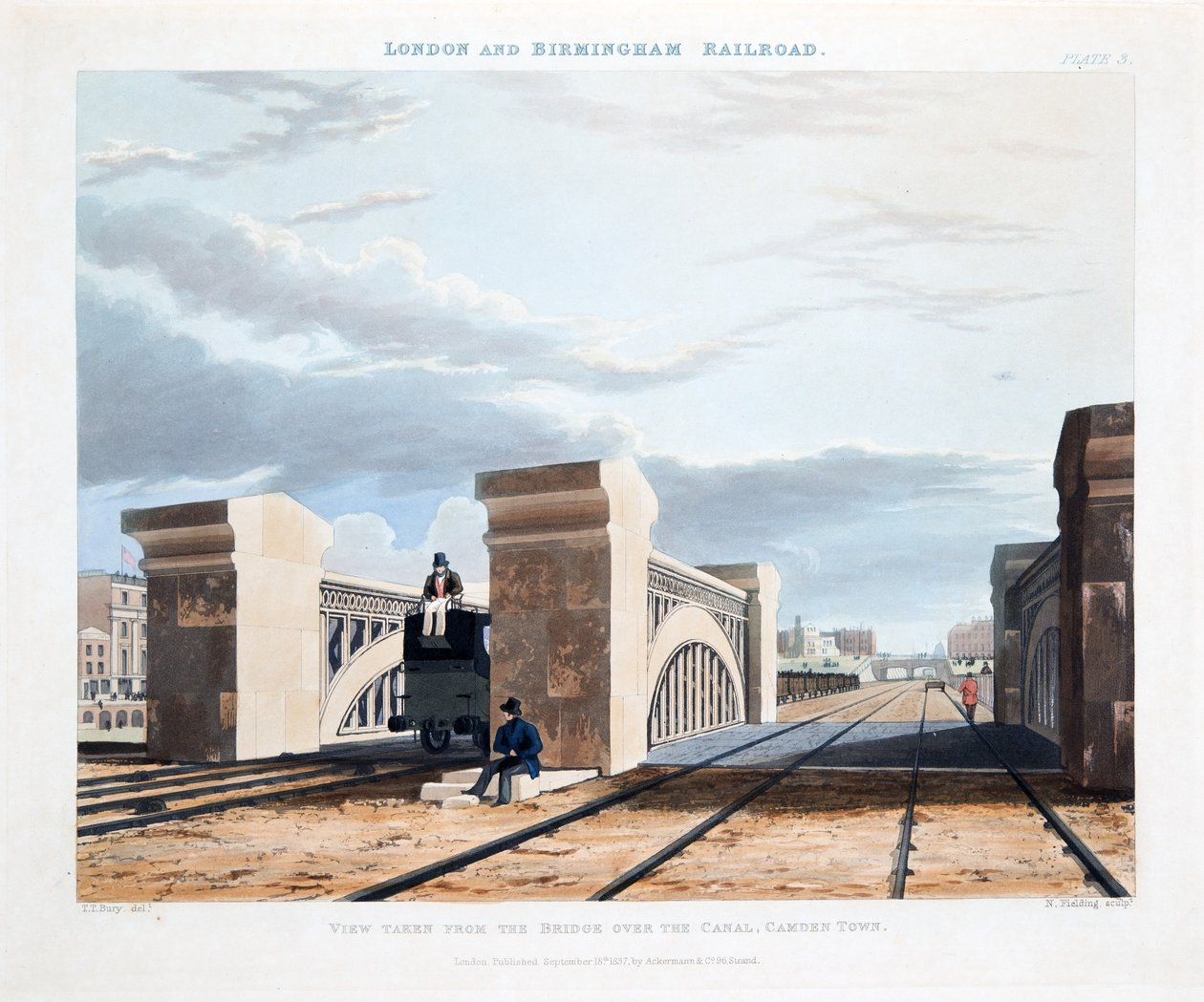 1837年、カムデンタウンの運河に架かる橋からの眺め（手塗りの彫刻） 作： トーマス・タルボット・ベリー