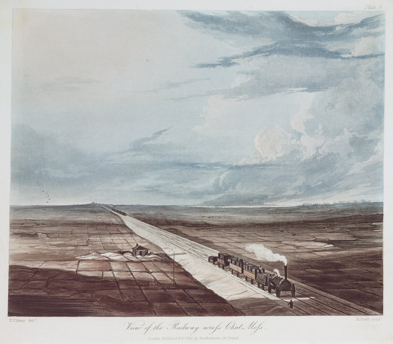 Henry Pyall（1795-1833）1831（色付きaqautint）によって刻まれた、チャットモスを横切る鉄道の景色 作： 埋葬後のトーマス・タルボット