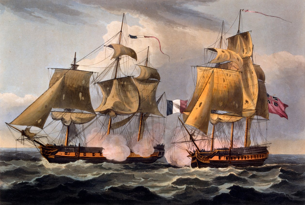 キャスターの捕獲、トーマスサザーランド作のプリント、「イギリスの海軍功績、1793年から1817年まで」、ジェームスジェンキンス作、1817年に初公開（手描きのアクアチント） 作： トーマスウィットコム