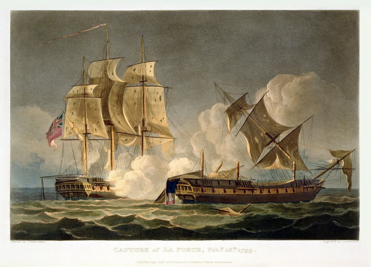 ラフォルテのキャプチャ、1799年2月28日、J。ジェンキンスの「海軍の成果」のためにトーマスサザーランドによって彫刻された、1816年（カラー彫刻） 作： トーマスウィットコム