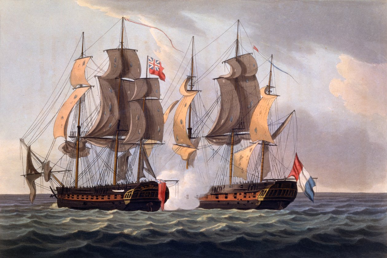 1817年に初公開されたジェームスジェンキンスによる「イギリスの海軍功績、1793年から1817年まで」からJ.ジェイクスによって作成されたラプロサーパインのキャプチャ（手彩色のアクアチント） 作： トーマスウィットコム
