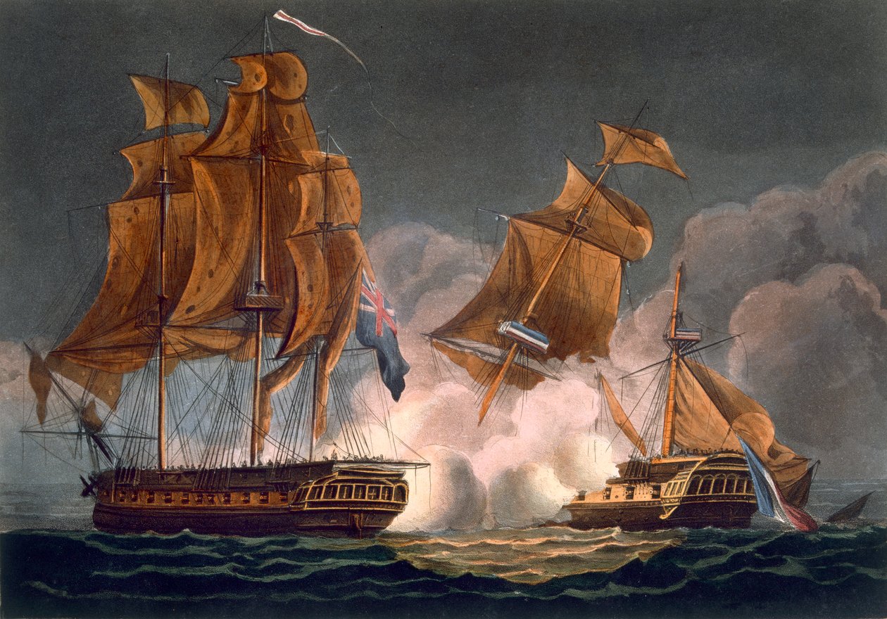 ラトリビューンのキャプチャ、1796年6月8日、J。ジェンキンスの「海軍の功績」のためにトーマスサザーランドによって彫刻された、1816年（カラー彫刻） 作： トーマスウィットコム
