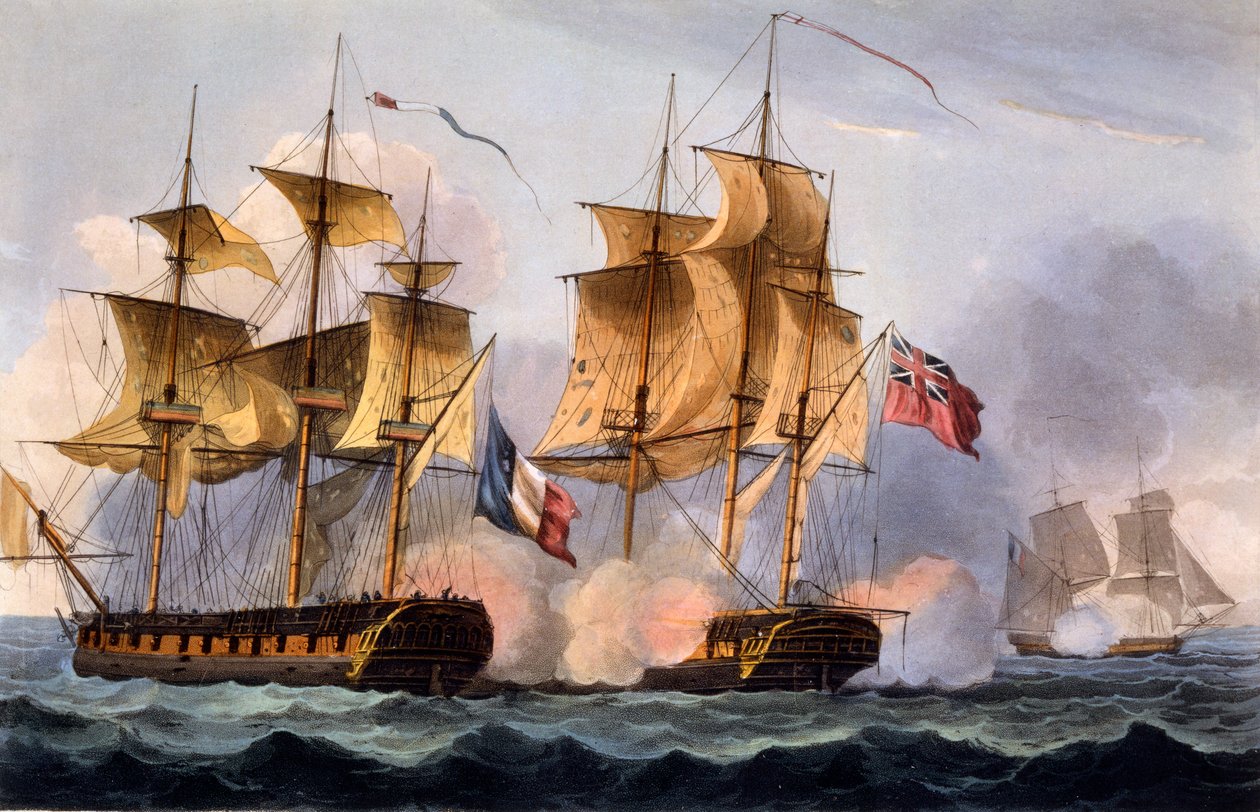 1817年に最初に出版されたジェームスジェンキンスによる「イギリスの海軍の功績、1793年から1817年まで」から、トーマスサザーランドによって作成されたプリント「ルデジウスの捕獲」（手描きのアクアチント） 作： トーマスウィットコム