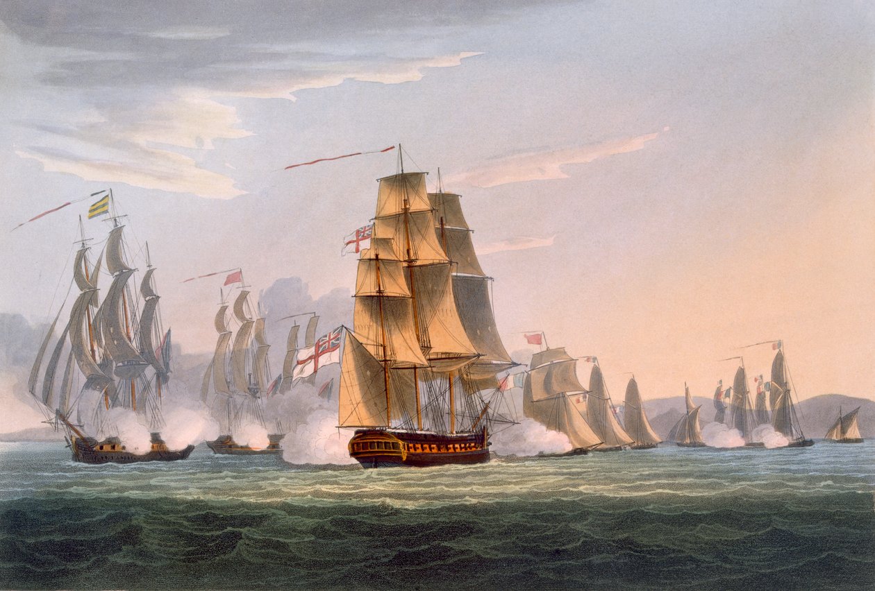 1810年5月3日、ルパルヴィエールの捕獲、ジェームズベイリー（bc1785）によって刻まれたジェームズジェンキンスの「イギリスの海軍功績」から、1816年に出版された（着色されたアクアチント） 作： トーマスウィットコム