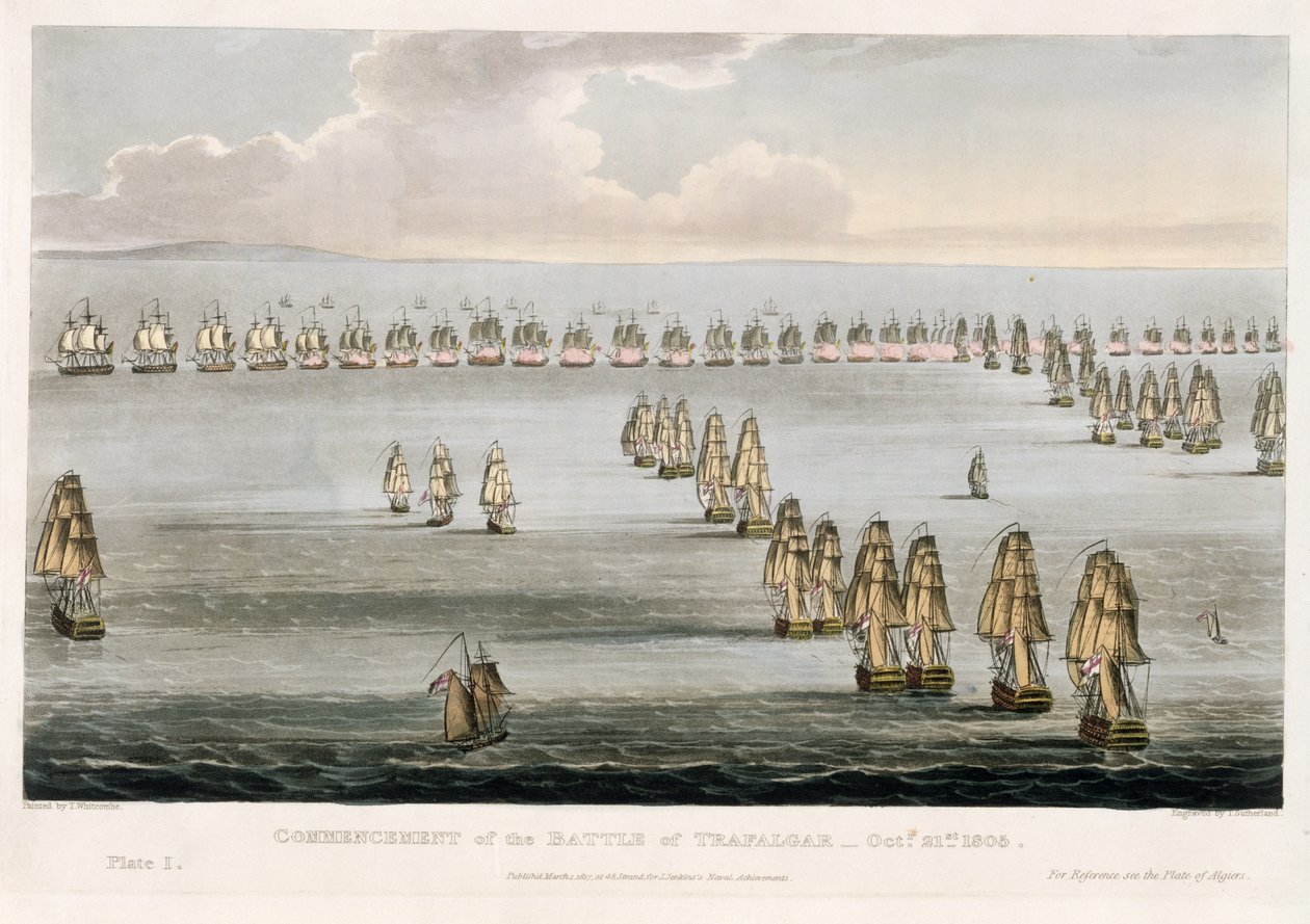 トラファルガーの戦いの開始、1805年10月21日、J。ジェンキンスの「海軍の成果」のためにトーマスサザーランドによって彫刻された、1817年 作： トーマスウィットコム