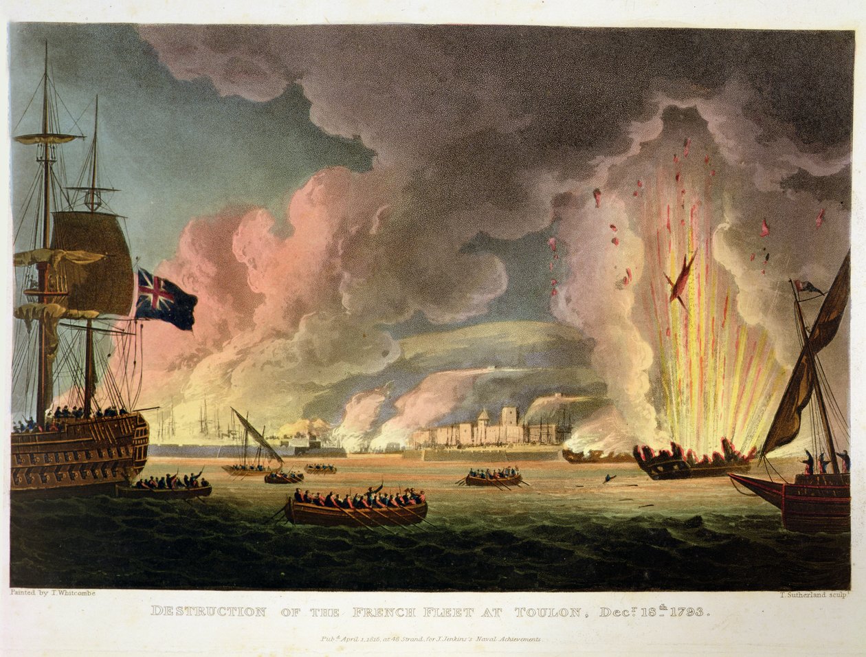 1793年12月18日、トゥーロンでのフランス艦隊の破壊、トーマスサザーランドによってJ.ジェンキンスの「海軍成果」のために刻まれた、1816年（286303も参照） 作： トーマスウィットコム