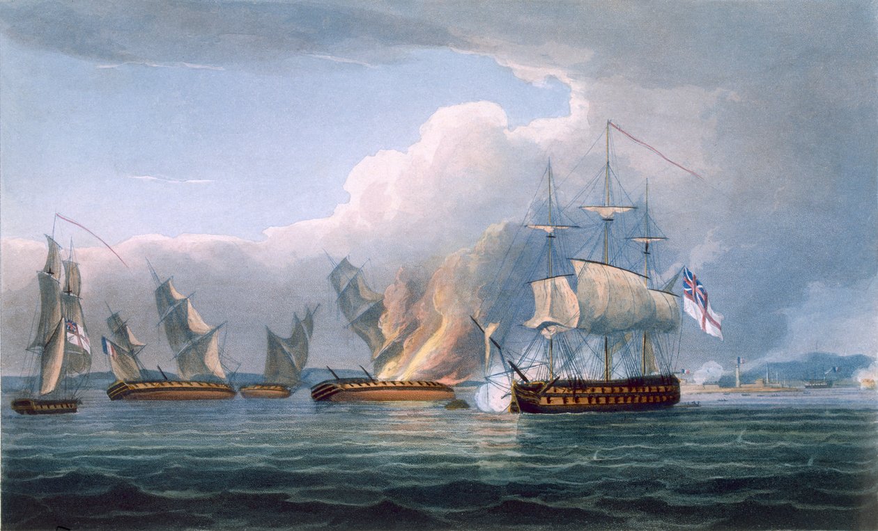 1820年に出版されたJ.ラルフによる「イギリスの海軍の年代学」のためにT.サザーランドによって彫刻されたフランスのフリゲート艦ラリアンヌとアンドロマケの破壊 作： トーマスウィットコム