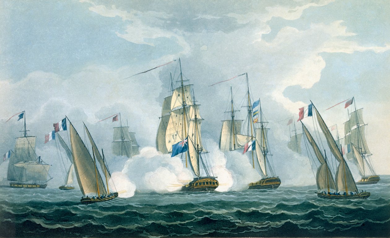 HMSシリウス、1806年4月17日、テベレ川の口からフランス艦隊と交戦するロウズ船長、J。ラルフによる「イギリスの海軍年代学」のためにT.サザーランドによって彫刻された、1820年（co 作： トーマスウィットコム