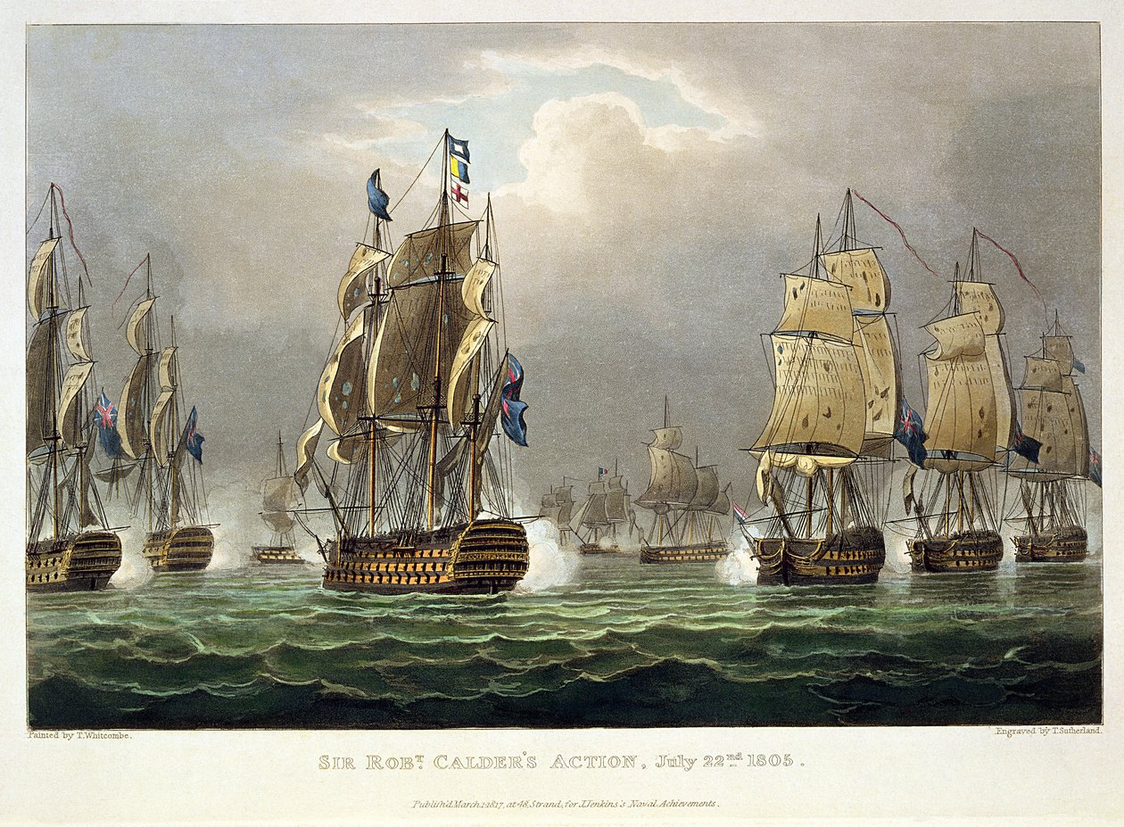 ロバートカルダー卿の行動、1805年7月22日、J。ジェンキンスの「海軍の成果」のためにトーマスサザーランドによって彫刻された、1816年（カラー彫刻） 作： トーマスウィットコム