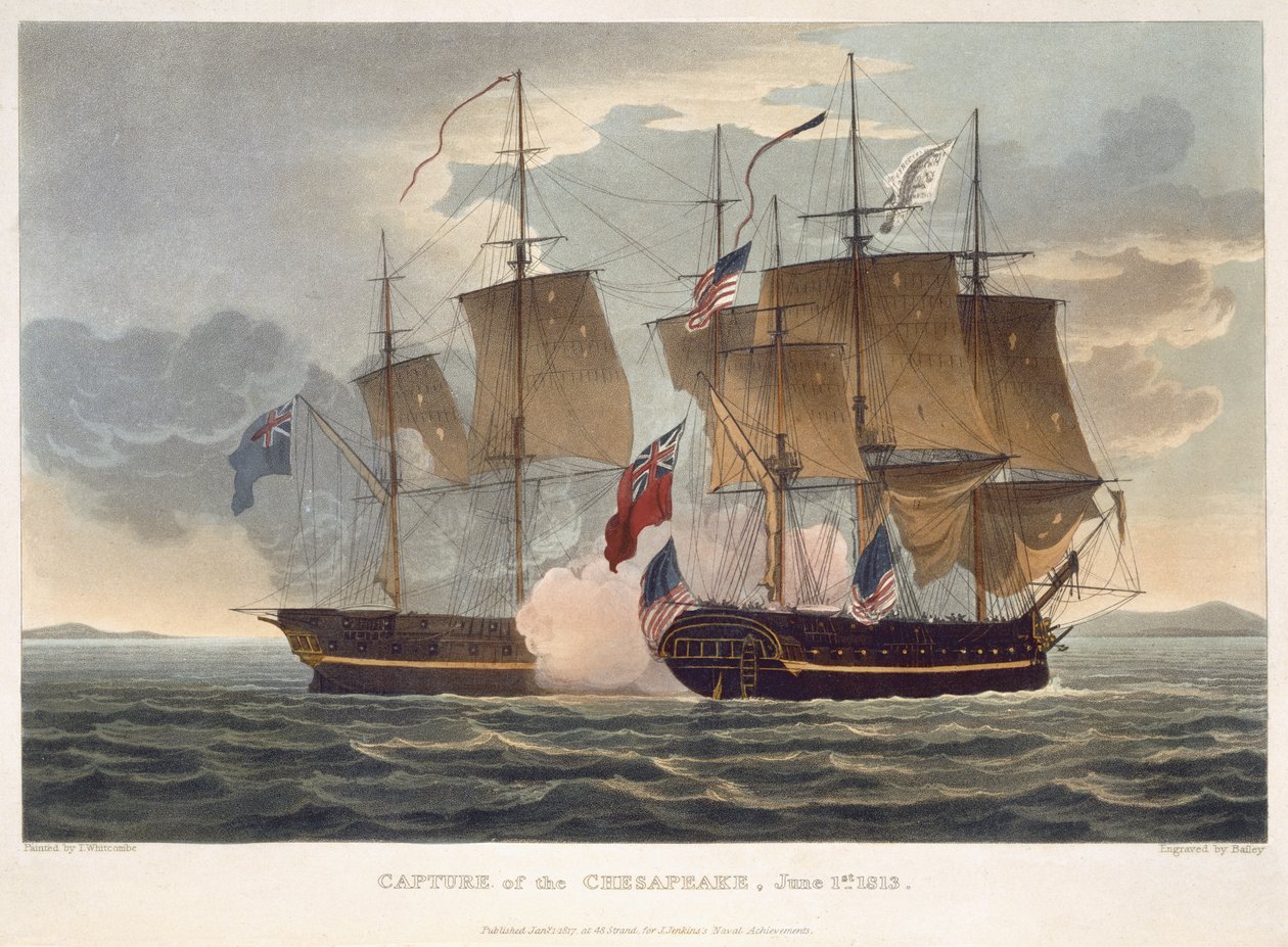 1813年6月1日、ベイリーによってJ.ジェンキンスの「海軍の成果」のために刻まれた1813年のチェサピークの捕獲（カラー彫刻） 作： トーマスウィットコム