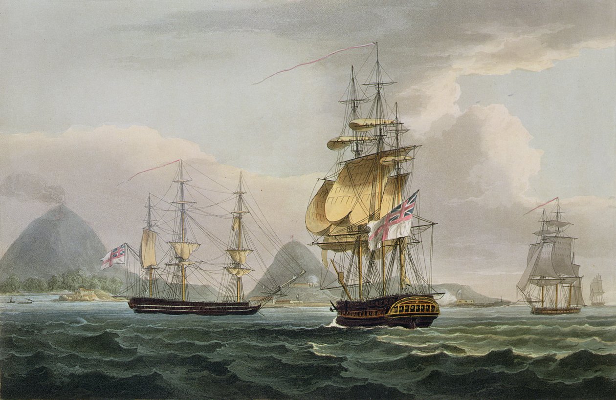 1810年8月9日、バンダ島の捕獲、J。ジェンキンスの「海軍の成果」のためにトーマスサザーランドによって彫刻された、1816年（カラー彫刻） 作： トーマスウィットコム