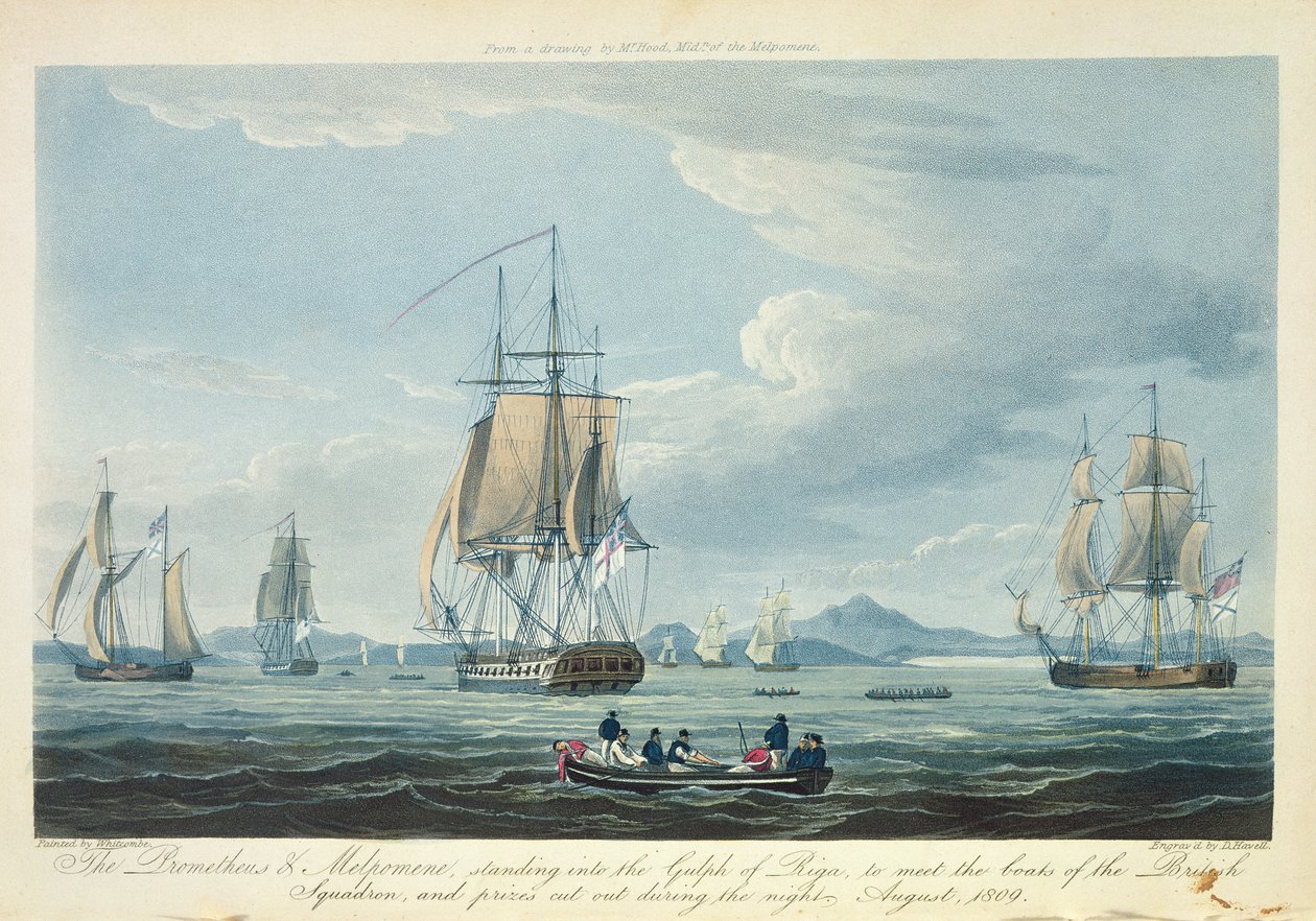 1809年8月にイギリス中隊に会うためのリガ湾のプロメテウスとメルポメネ、J。ラルフによる「イギリスの海軍年代学」のためにD.ハヴェルによって彫刻され、1820年に出版された（色付き 作： トーマスウィットコム