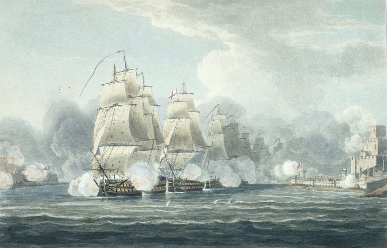 1807年2月19日、FTダックワース卿の指揮下にある戦隊。1807年2月19日、T。サザーランドがJ.ラルフ著「英国の海軍年代学」のために彫刻した、publi 作： トーマスウィットコム