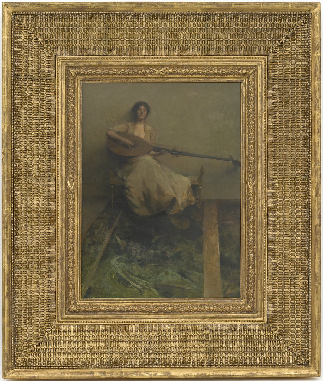 リュートの少女、1904-05（木製パネルに油彩） 作： トーマス・ウィルマー・デューイング