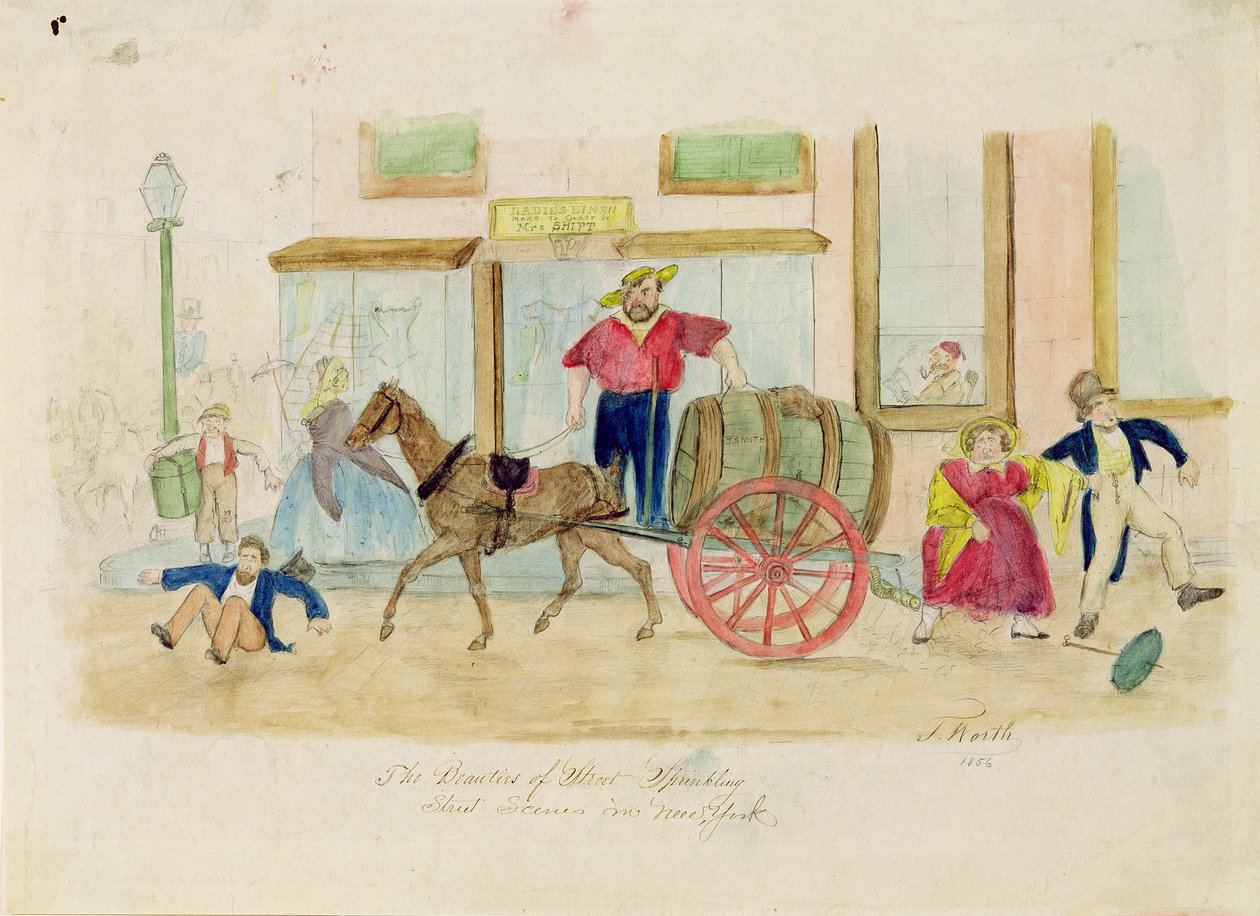 The Beauties of Street Sprinkling、New York City、1856（pencil und wc on paper） 作： トーマス・ワース