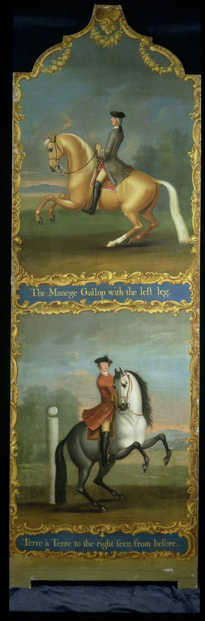 「Manege Gallop or Carriere」（上）と「前から見た右側のテール」（下）、1750年頃 作： ポールモールバトラーのトーマス