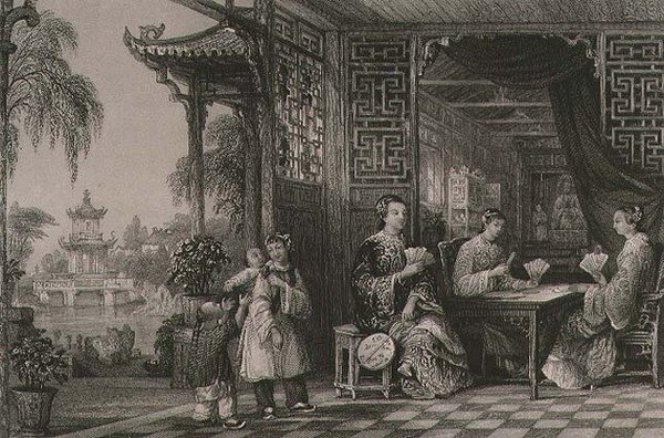ジョージ・ニューナム・ライト（c.1790-1877）の「一連の風景の中の中国」より「カードをする北京人家族の女性たち」1843年（エングレーヴィング 作： トーマス（後）アロム